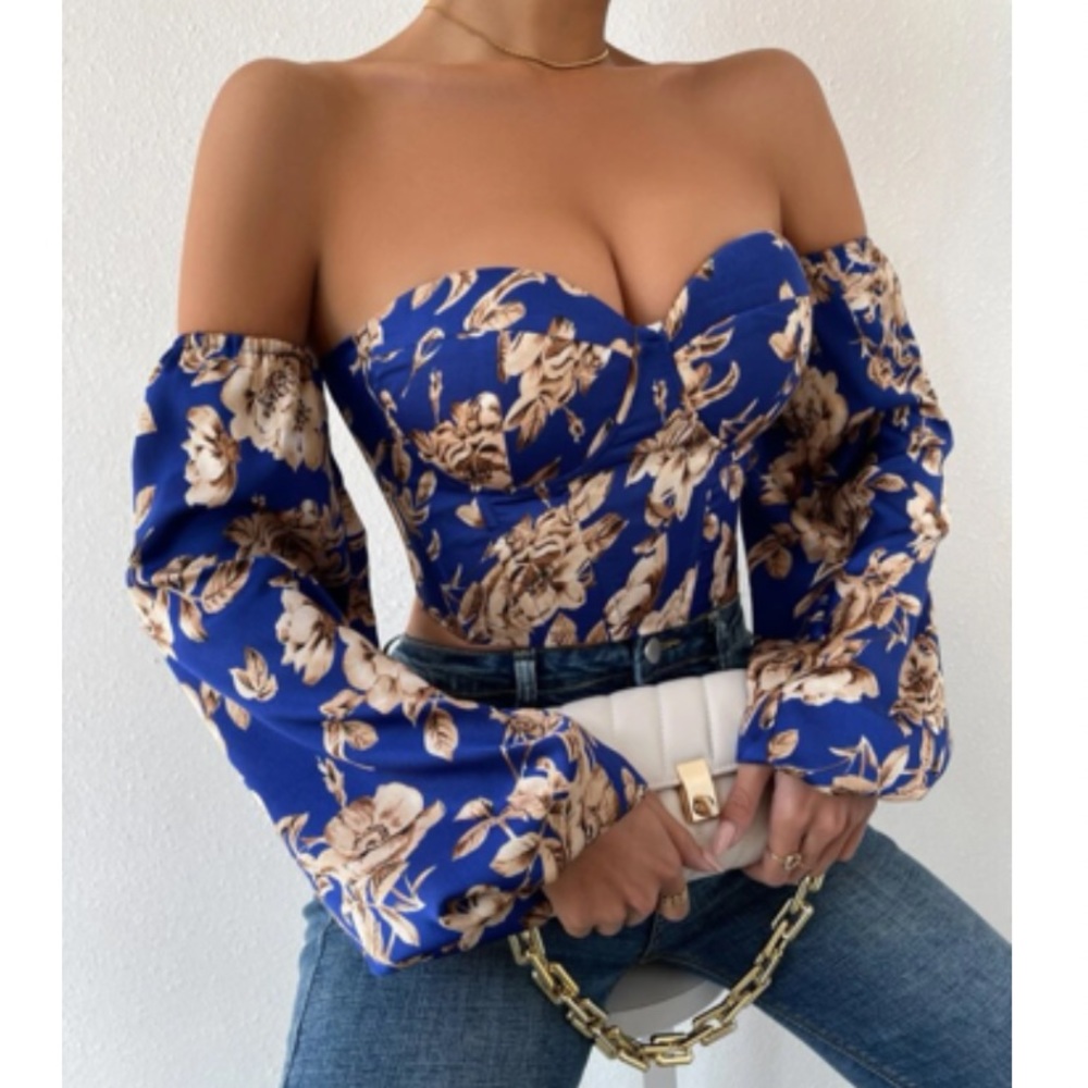 Boho blue floral print lace up back satin bustier corset tube top - Picture 2 of 6